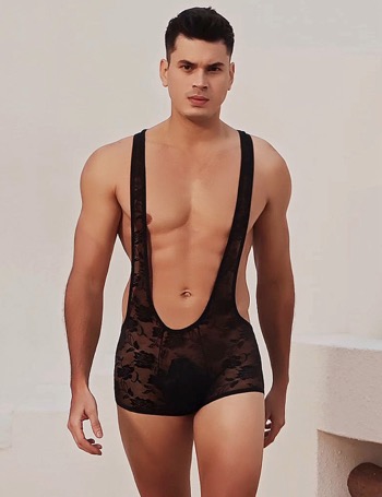 Men Sexy Lace Bodysuit Black XL