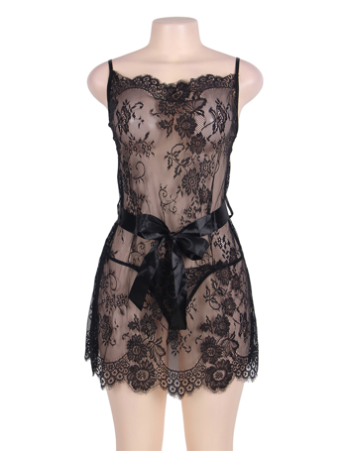  Black Sheer Floral Eyelash Trim Lace Babydoll Set 