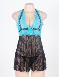 Halter Sheer Blue And Black Lace Babydoll