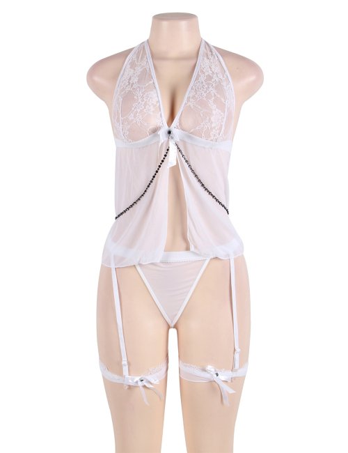 White Sheer Mesh Babydoll Lingerie Garter Set