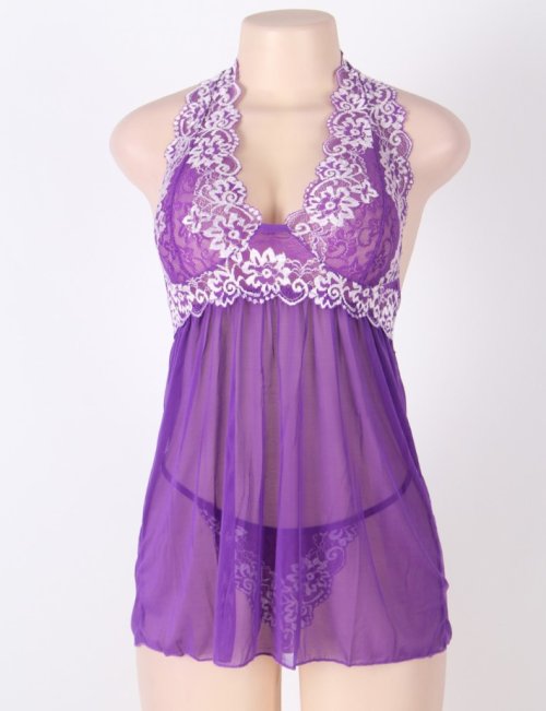 Lace White Embroidery Halter Purple Lingerie