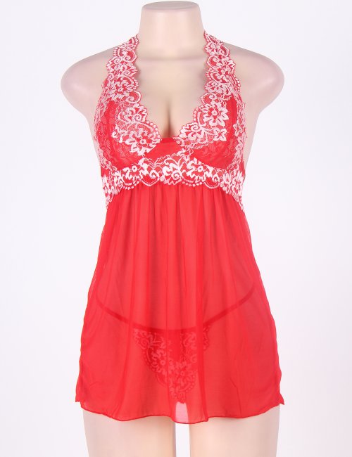 Red Lace stitching Halter Open Back Sleepwear