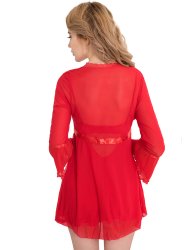 Red Mesh Bell Sleeve Robe And Babydoll Set