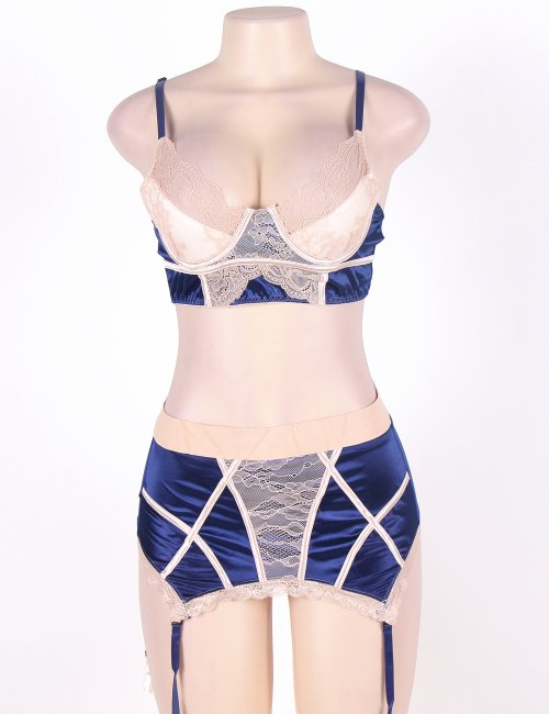 Navy Bra Set With Beige Lace Overlay