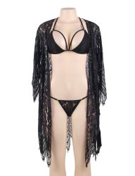 Black Sheer Mesh And Eyelash Lace Robe Set