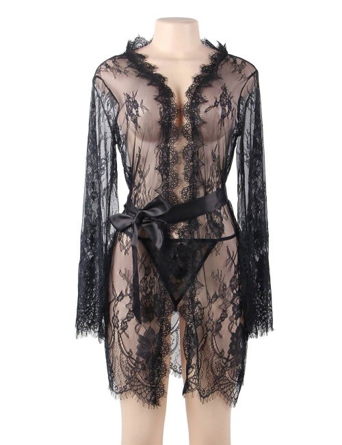 Eyelash Black Lace Sleepwear Gown