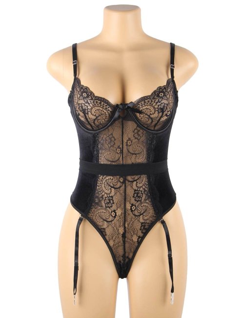 Design Lace And Velour Stitching Teddy With Underwire