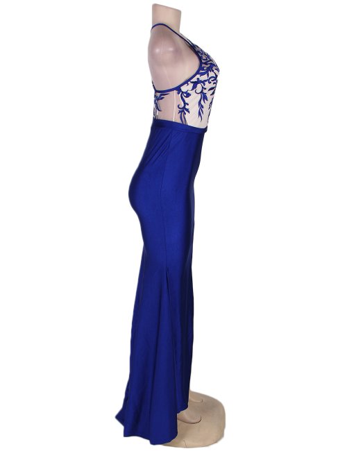 Blue Embroidery Elegant Slit Evening Dress