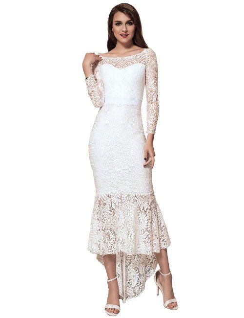 Elegant Lace Hi-low White Evening Dress